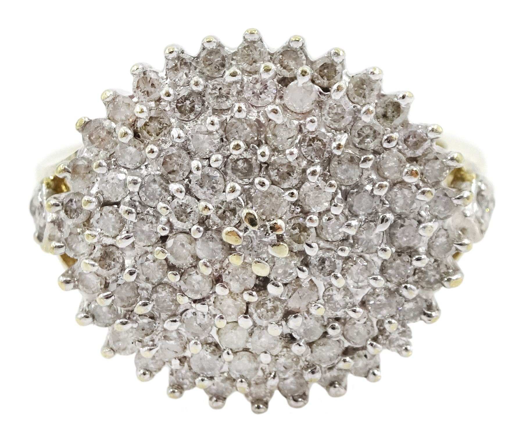 9ct gold diamond chip cluster ring, with diamond set shoulders