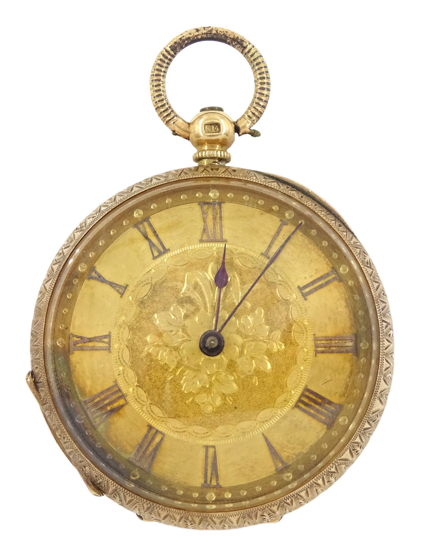 Early 20th century 14ct gold cylinder pocket watch, gilt dial with Roman numerals, engraved back case with foliate decoration, stamped 14K 