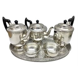 Viners of Sheffield silver-plate tea/coffee wares, the rims decorated with bands of flowers, and chased oval tray with swag decorated gallery, L39cm