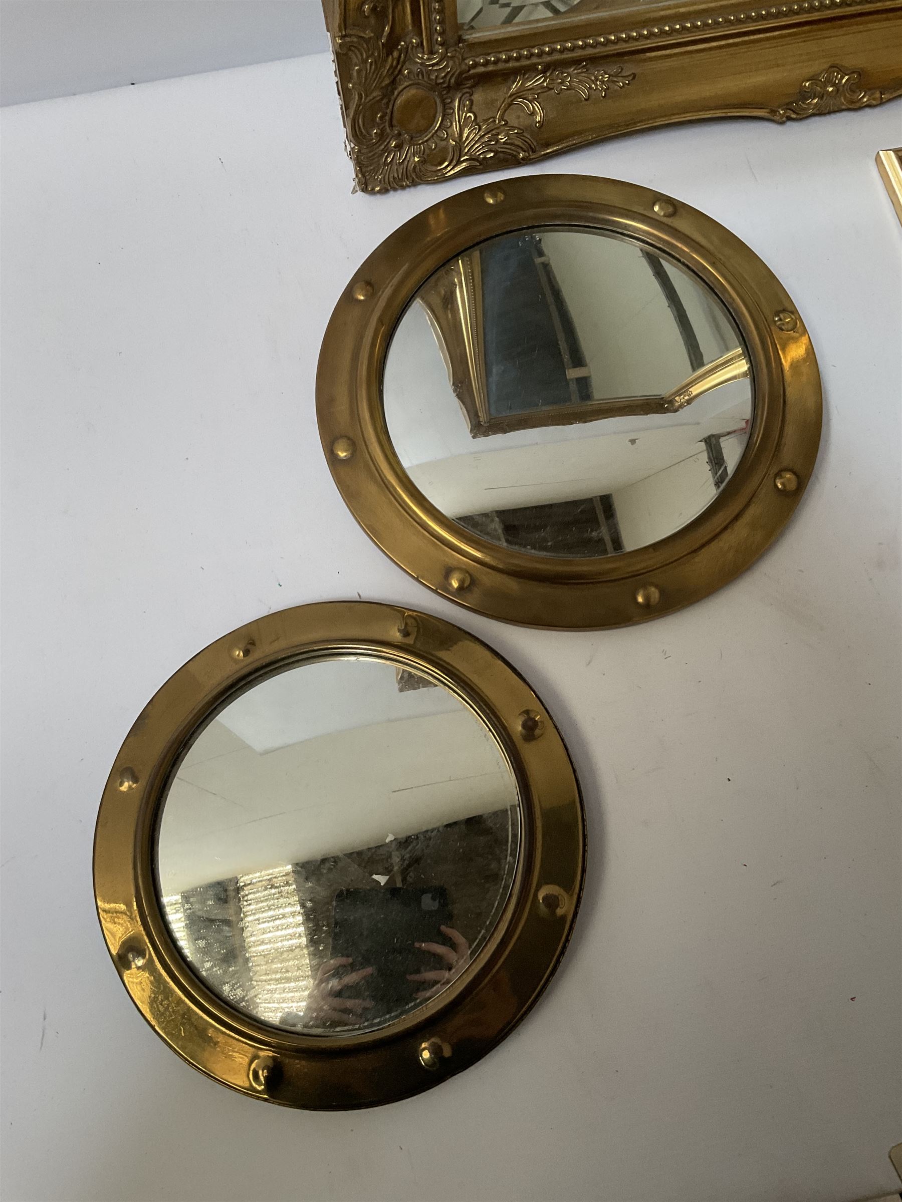 Ornate gilt rectangular wall mirror, two circular convex mirrors and a