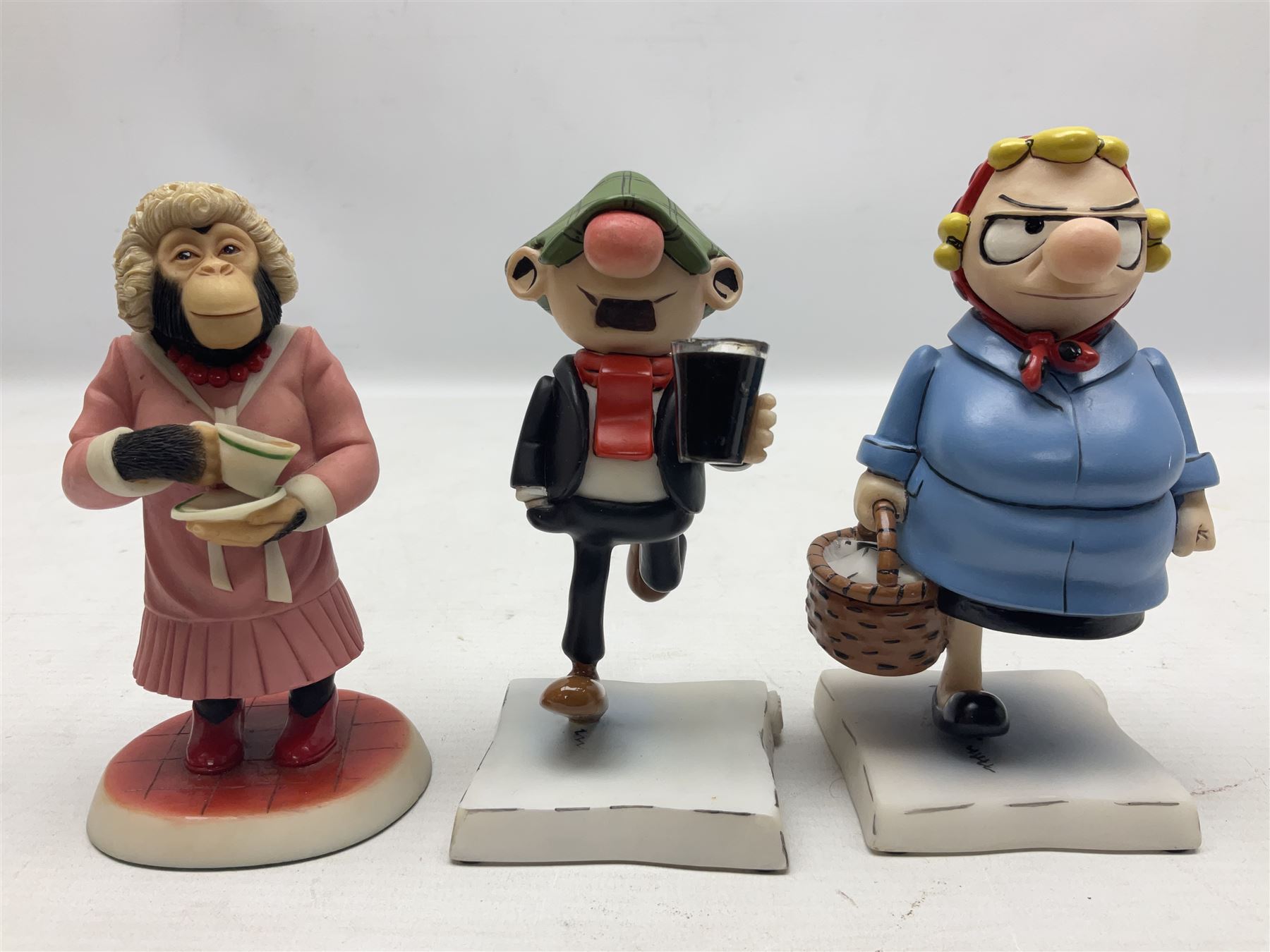 Ten Robert Harrop figures, comprising The World of Roald Dahl Mr Twit RD04 and The BFG RD03, boxed, The Camberwick Green Collection limited edition Mrs Honeyman CG04, The Mayor CGL04 and The Mayor and Philby in the Memorial Car CG68, The PG Chimps Collection Dolly PG003, boxed, Andy Capp by Reg Smythe Andy Capp AC01 and Flo AC02, boxed, and Country Companions English Setter CC21 and Flat Coat Retriever Fisherman CC13, boxed