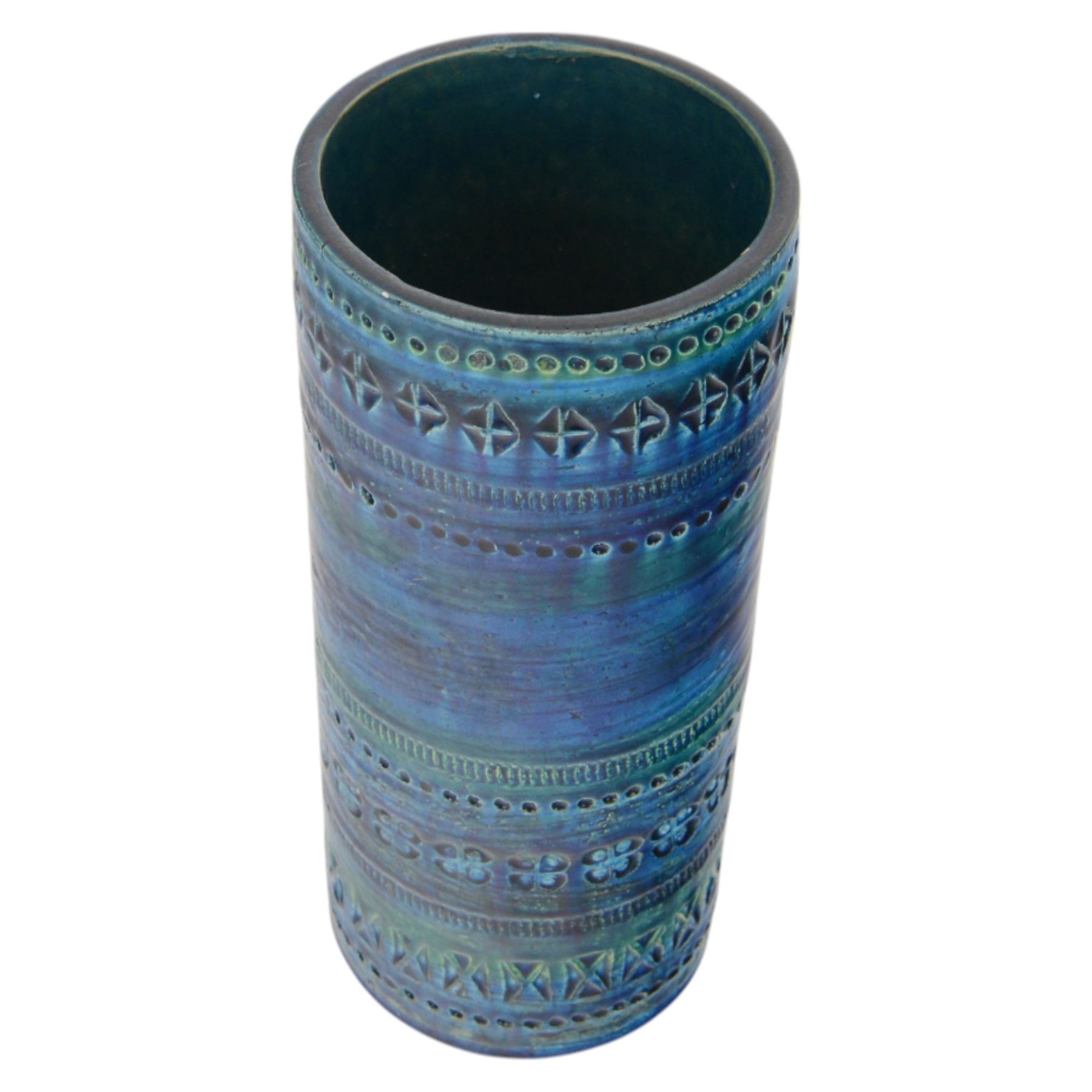 Bitossi pottery Rimini Blu vase, 1970s, designed by Aldo Londi, of cylindrical form, with impressed details, with painted marks beneath, H18cm