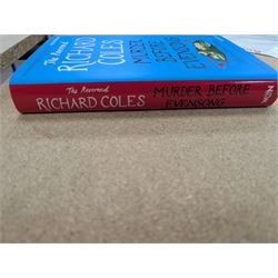 Eight first edition books, comprising signed Bob Mortimer 'And Away' autobiography, signed Richard Coles 'Murder Before Evensong' and six Richard Osman books, including 'The Thursday Murder Club' and 'The Last Devil To Die', with two Richard Osman signed bookplates