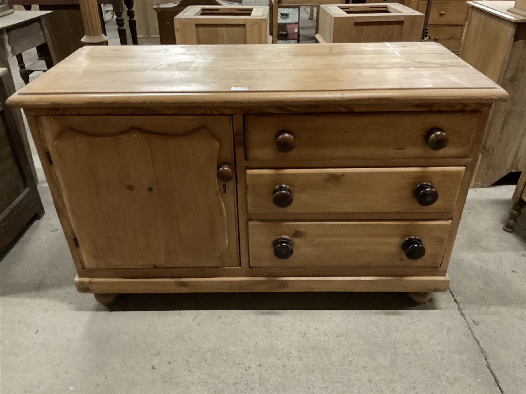 Victorian pine dresser, fitted with single cupboard door with shield shaped panel and three drawers, on bun feet - THIS LOT IS TO BE COLLECTED BY APPOINTMENT FROM THE OLD BUFFER DEPOT, MELBOURNE PLACE, SOWERBY, THIRSK, YO7 1QY