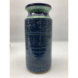 Italian mid-century Screziato studio pottery sculptural vase of faceted loop form, probably Bertoncello, painted 863 mark beneath, together with a cylindrical banded blue and green vase, largest H17.5cm W30cm