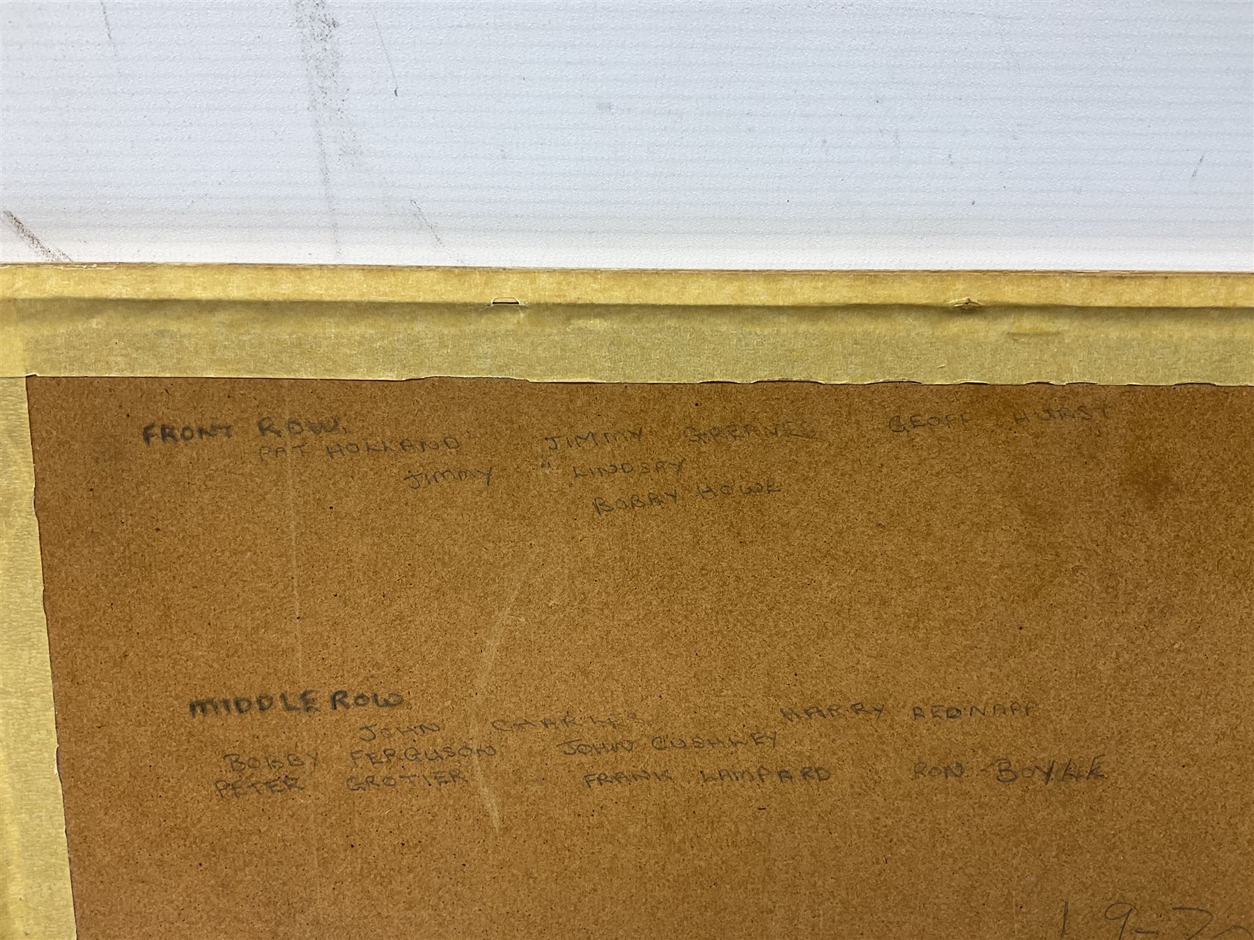 1970-1 photograph of West Ham United FC squad members, including Bobby Moore, Geoff Hurst, Harry Redknapp, Trevor Brooking, Jimmy Greaves, Billy Bonds etc, most players with signatures, 30 x 45cm, framed and glazed