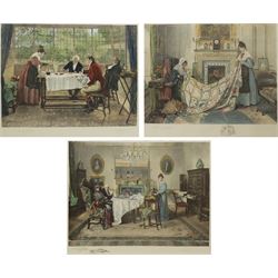 Walter Dendy Sadler (British 1854-1923): Victorian Interior Scenes, set three hand-coloured engravings signed by the artist and engraver in pencil 41cm x 52cm (3)