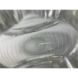 Two Orrefors Art Glass clear glass vases, the first example of compressed circular form, the second of tapering form with lobed rim, each signed beneath, tallest H14.5cm