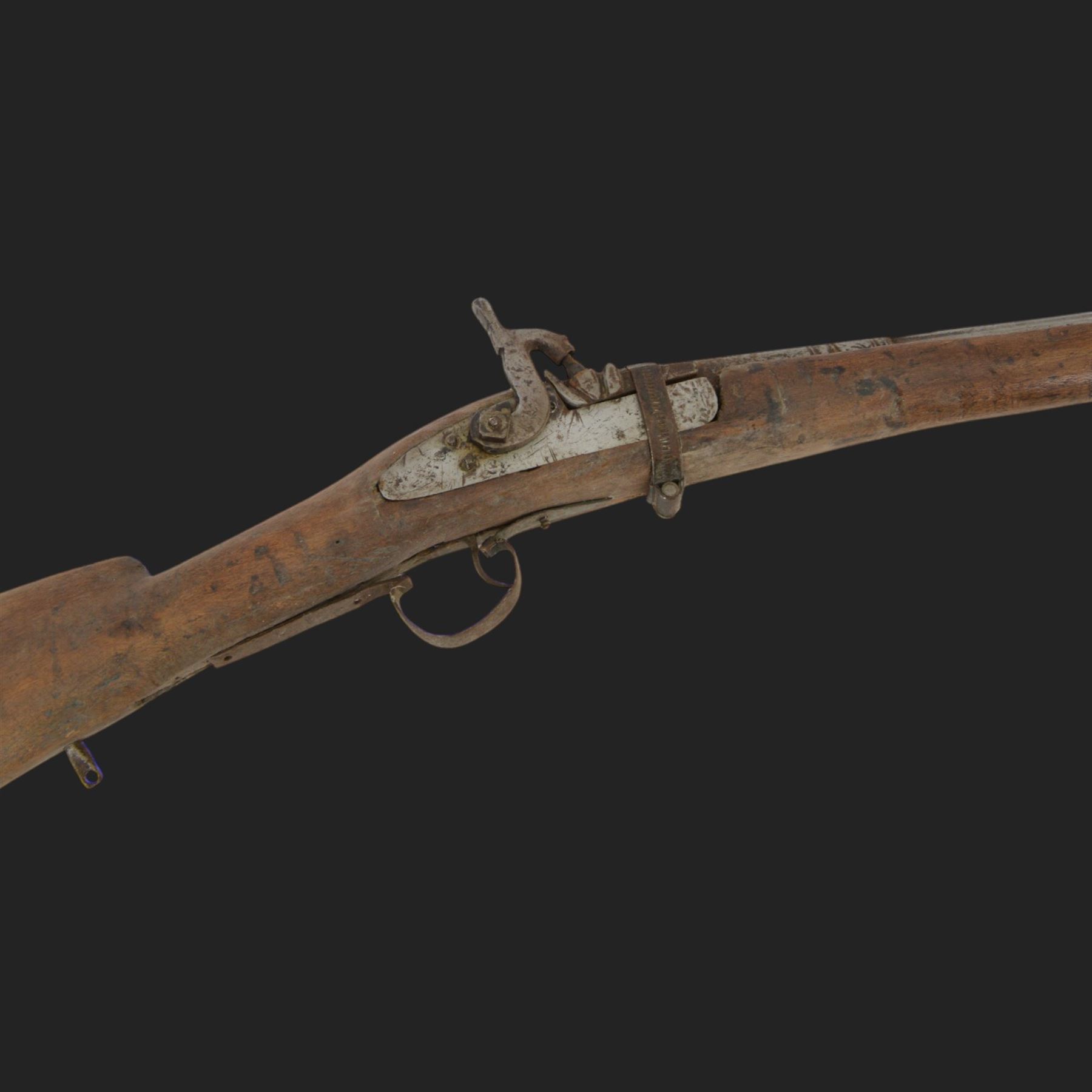 Middle Eastern percussion cap rifle, the 107cm  barrel with four brass bands and ramrod under, overall L143cm, together with another percussion rifle the 106cm barrel a copy of a 17th century Spanish barrel, complete with fake stamp, by vendors repute this rifle was confiscated from tribesmen in Kurdistan by police
Sold as an exempt item under Section 58 (2) of the 1968 Firearms Act, to be held as a curiosity or ornament