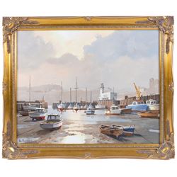 Don Micklethwaite (British 1936-): Scarborough Outer Harbour, oil on board signed 40cm x 50cm 