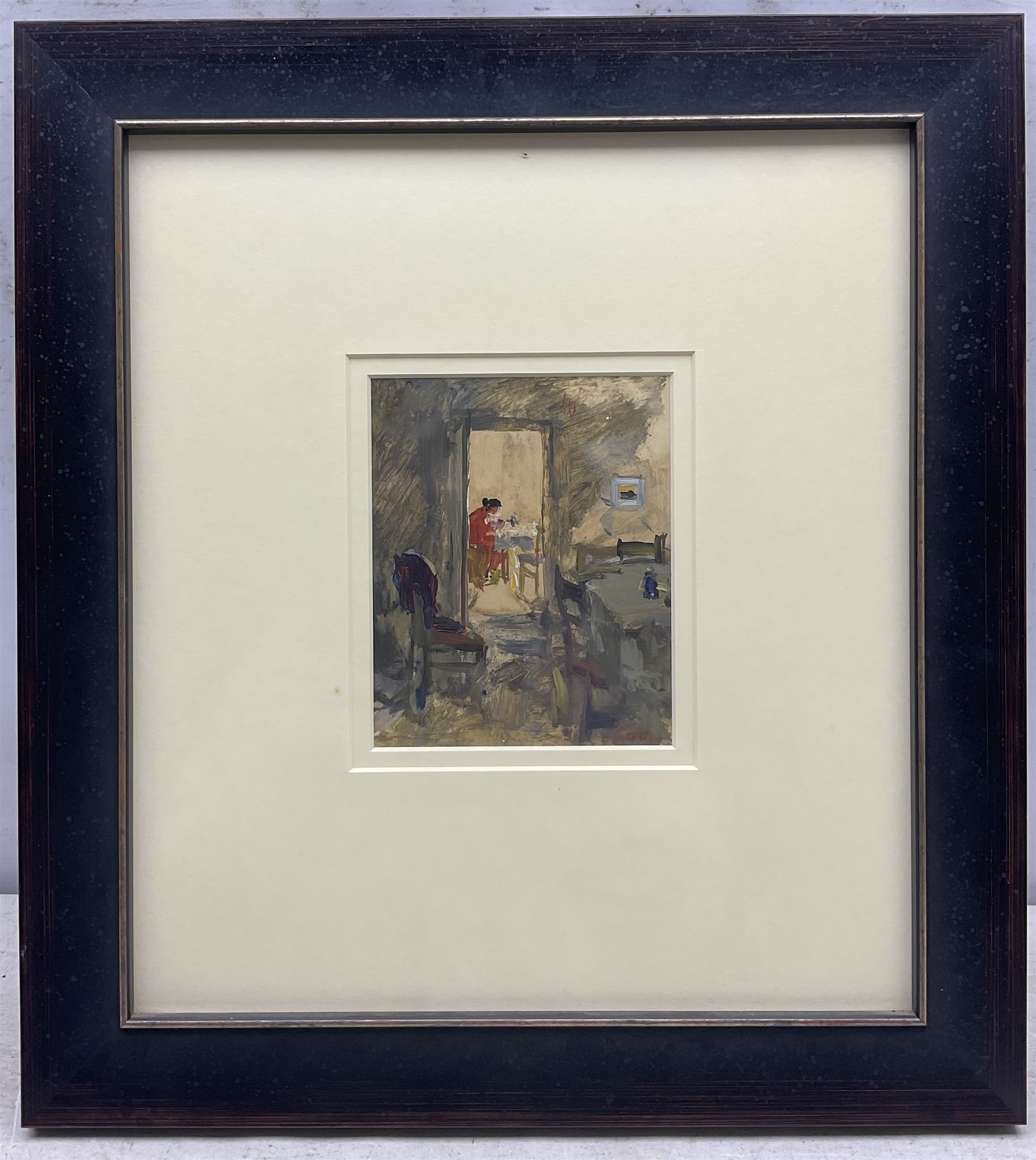 Saniya Bakhtiyarova (Russian 1949-): Sewing - Interior Scene, oil on paper signed, titled on label verso 15cm x 12.5cm 