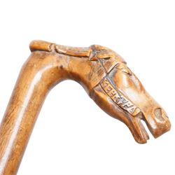 Collection of walking sticks including Greek racing walking stick, carved horse head and jockey, marked KEPKVPA, Horn Handled Walking Sticks, one stamped 
