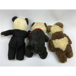 Seven English panda bears c1930s-50s including two Pedigree with plastic dog type noses H11.5