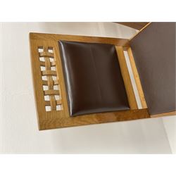 'Lizardman' set six dining chairs, two carvers and four side chairs, carved and pierced lattice top rail over cushioned back and drop in seat upholstered in brown leather, by Derek Slater of Crayke