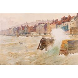 Frank Rousse (British fl.1897-1917): Seagulls off St Anne's Staith - Whitby Harbour, water...