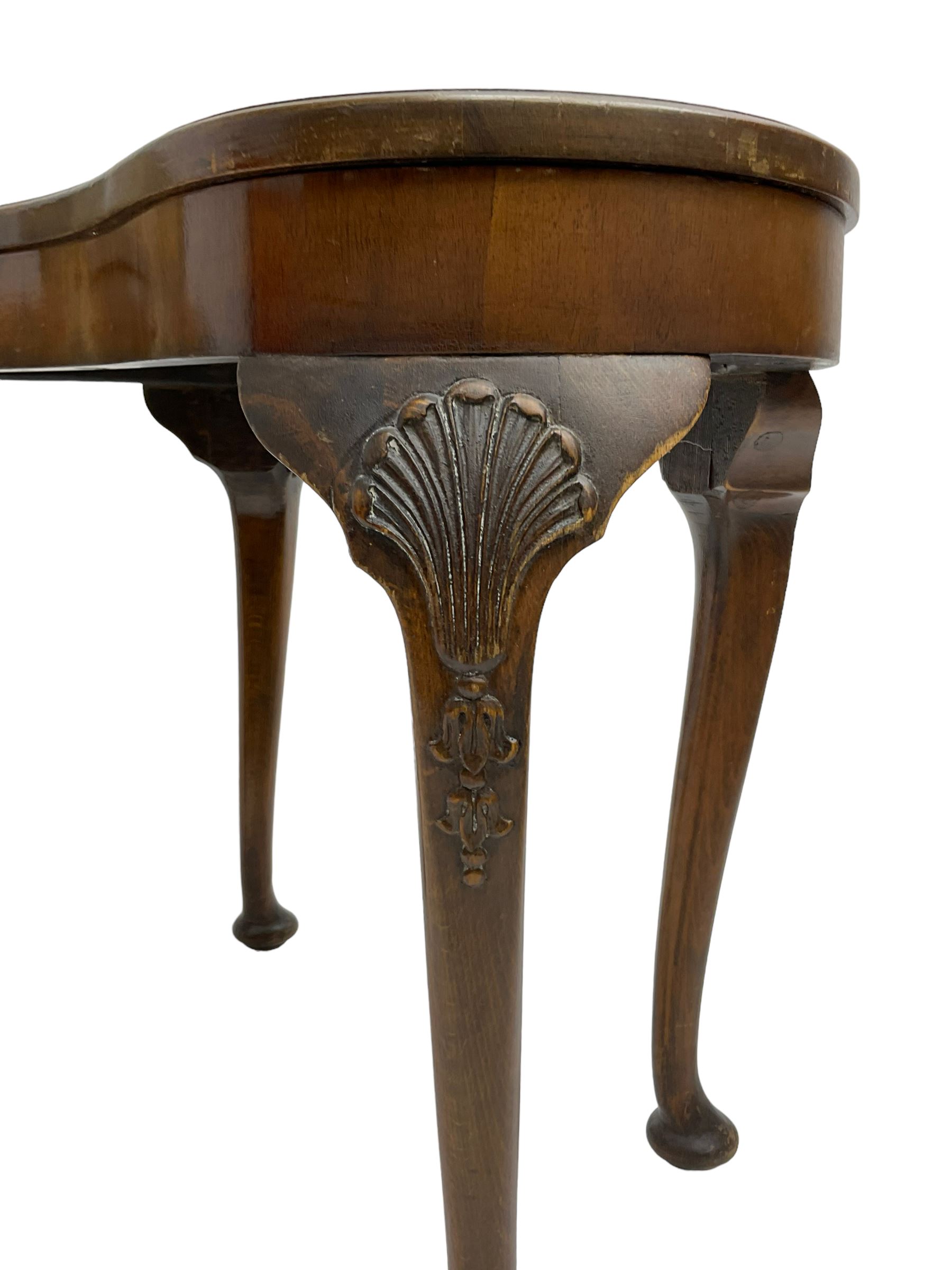 Edwardian beech dressing table chair, scallop back, upholstered in foliate patterned fabric with sprung seat, raised on cabriole supports (W50cm H73cm); and matching walnut and beech kidney shaped stool (W60 H49cm)