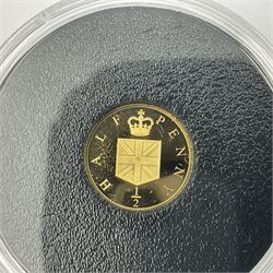 Queen Elizabeth II Tristan da Cunha 2021 '50th Anniversary of Decimalisation' 1 gram fine 24 carat gold proof half penny coin and Alderney 2022 'Platinum Jubilee' 0.5 gram 999.5/1000 platinum proof five pound coin, both with certificate