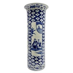 19th century Chinese vase of cylindrical form with flared neck, decorated in blue and white with alternating panels of figures and birds amongst fruiting branches, upon repeating blossom ground, with four character mark to base, H35cm