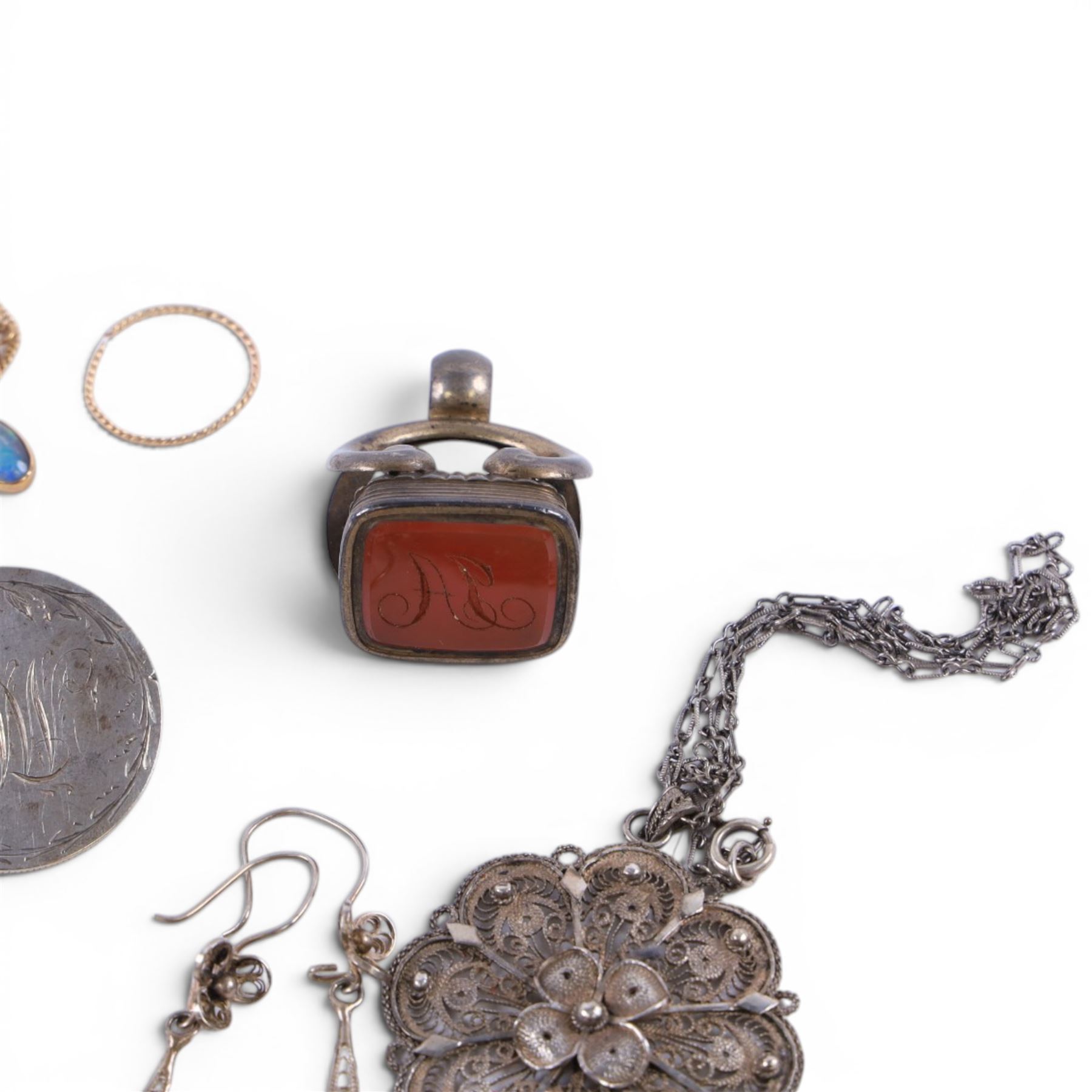 9ct gold jewellery oddments, including single opal pendant earring, single hoop earring and earring hooks and silver jewellery, including wristwatch, cufflinks, necklace, earrings, brooches and carnelian fob