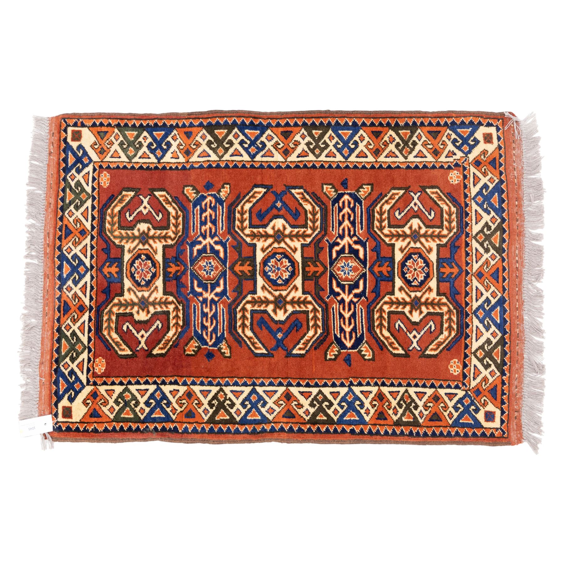 Two rugs, small Bokhara-type rug, terracotta ground with repeating hooked lozenge medallions enclosed by geometric borders (H 120cm, W 83cm); and a cream-ground rug, central lozenge medallion with geometric spandrels and border motifs (H 145cm, W 101cm),