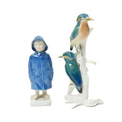 Bing & Grondahl figure of two children reading 1567,  Copenhagen boy wearing a raincoat, two Copenhagen dogs and a Karl Ens Kingfisher group (5)
