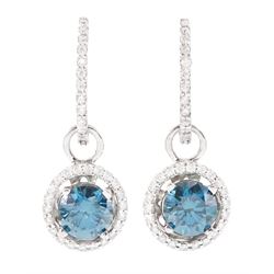 Pair of 14ct white gold diamond cluster earrings, each diamond hoop, suspending a detachab...