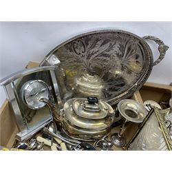 Quantity of silver-plated metal ware to include cased cutlery, tea wares, trays etc, together with other metal ware including copper, mirrors etc in three boxes
