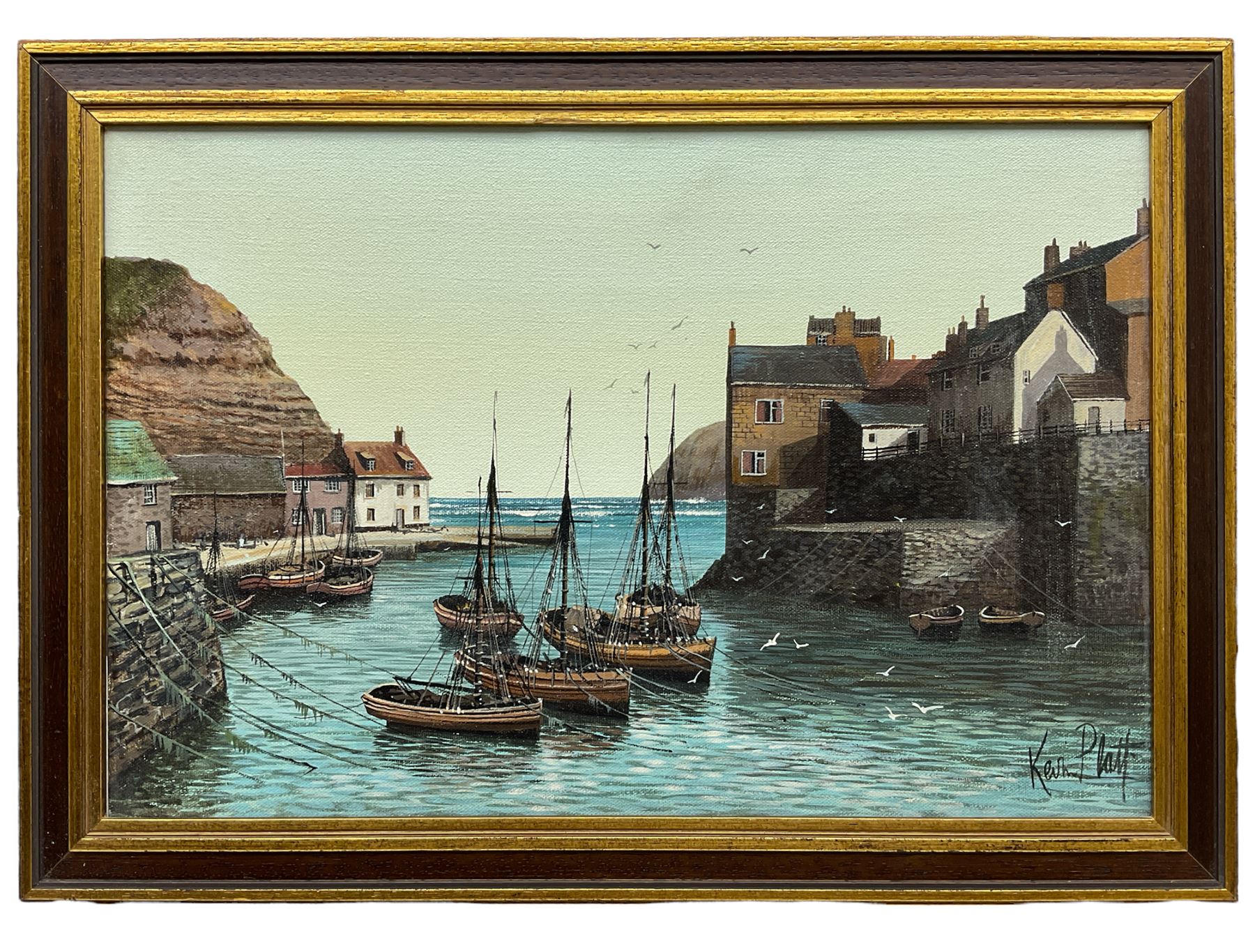 Kevin Platt (British 1945-): Staithes, oil on canvas signed 30cm x 45cm