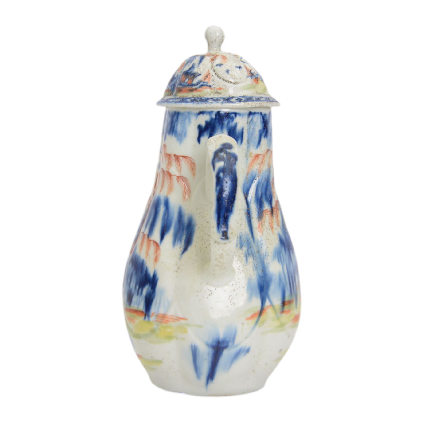 Rare mid 18th century West Pans coffee pot, circa 1764-1770, of baluster form, the moulded six lobed body decorated in underglaze blue with a chinoiserie landscape, picked out in red and green enamel, H26cm