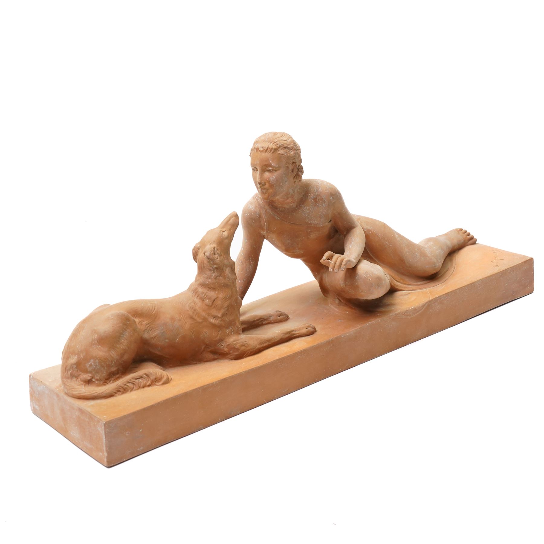 Ugo Cipriani (Italian 1887-1960): A Lady and Her Dog, terracotta sculpture signed, W61cm 