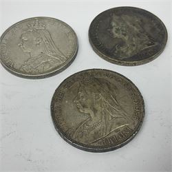 Three Queen Victoria silver crown coins dated 1887 and two 1895, 1889 crown with soldered pin, 1887 shilling loose mounted as a brooch and a hallmarked silver ingot pendant