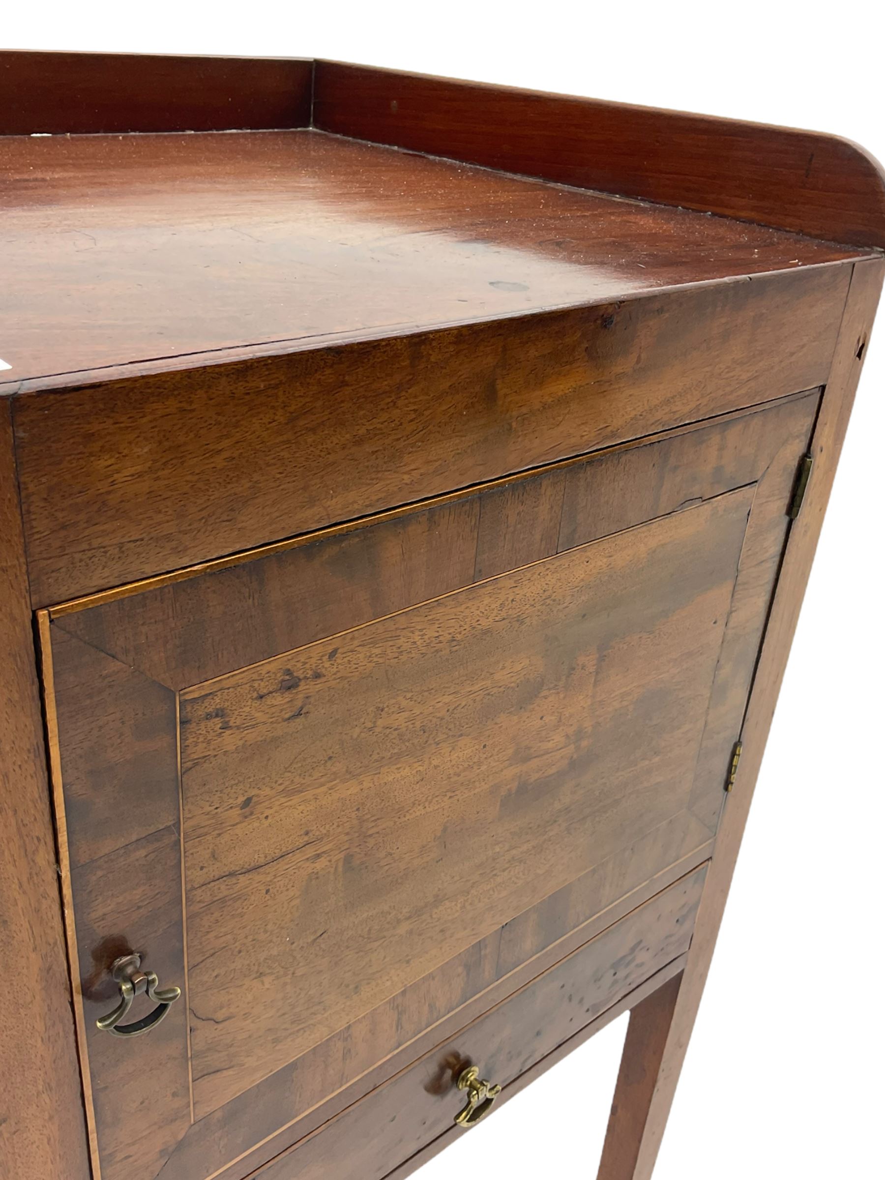 Early 19th century mahogany bedside pot cupboard, raised gallery back, enclosed by single door with band above single drawer, square supports