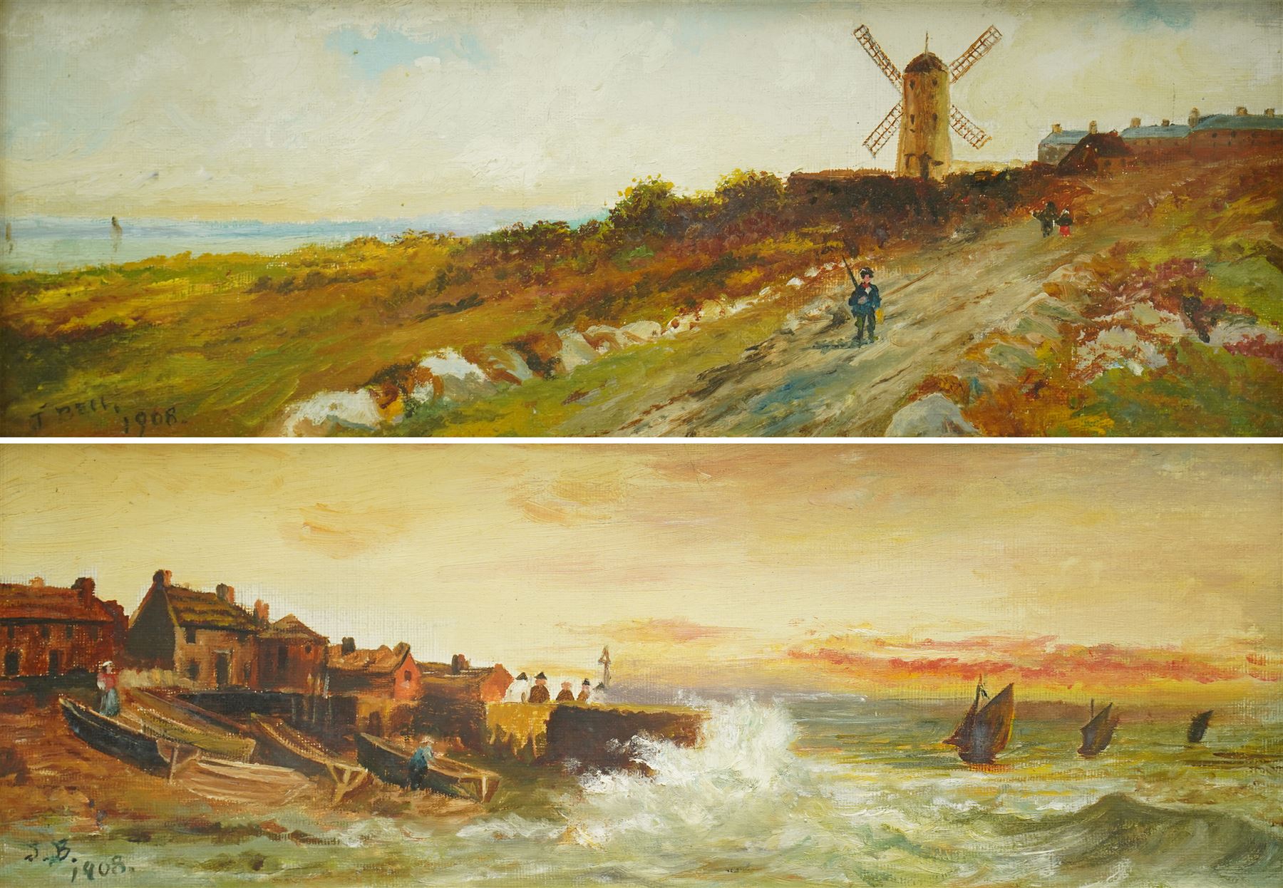 J Bell (British Naive School 19th/20th century): Coastal Scene and Windmill, pair oils signed and dated 1908, 13cm x 39cm (2)