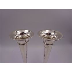 Pair of modern silver trumpet vases, each with fluted rim, upon tapering stem and slightly domed weighted circular foot, hallmarked Charles S Green & Co Ltd, Birmingham 1971, H20cm