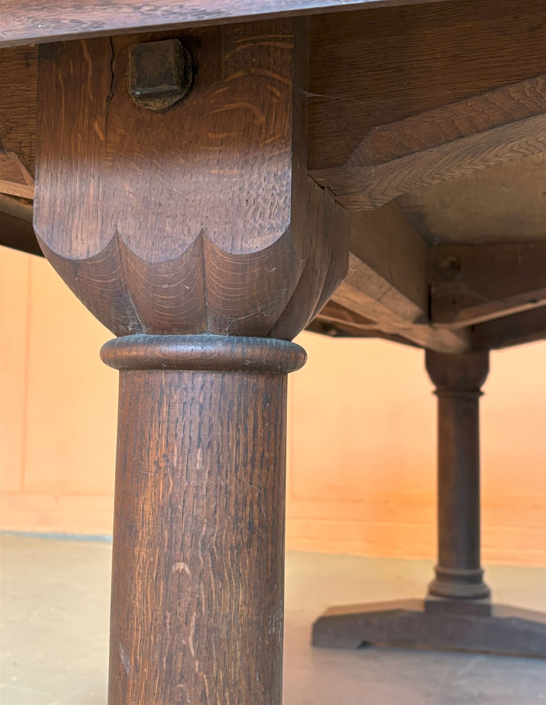 Late 19th century oak refectory table, the rectangular top with chamfered edge above a moulded frieze, raised on columnar supports above splayed base. H81cm, 213cm x 72cm.  - COLLECTION BY APPOINTMENT FROM: The White House, Thirsk Road, Easingwold, York, YO61 3NF - CALL 01723 507111 TO ARRANGE
