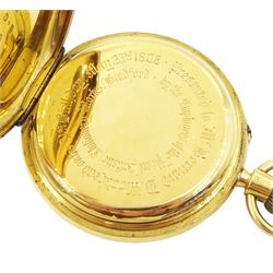 Edwardian 18ct gold half hunter keyless lever presentation pocket watch by Manoah Rhodes & Sons, Bradford, No. 16317, white enamel dial with Arabic hour markers and subsidiary seconds dial, back case monogrammed with initials, markers mark JG, London 1907, in original silk and velvet lined case