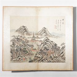 Chinese fold out book, comprising 12 hand-coloured woodblock landscapes each bearing inscription and artists seal  