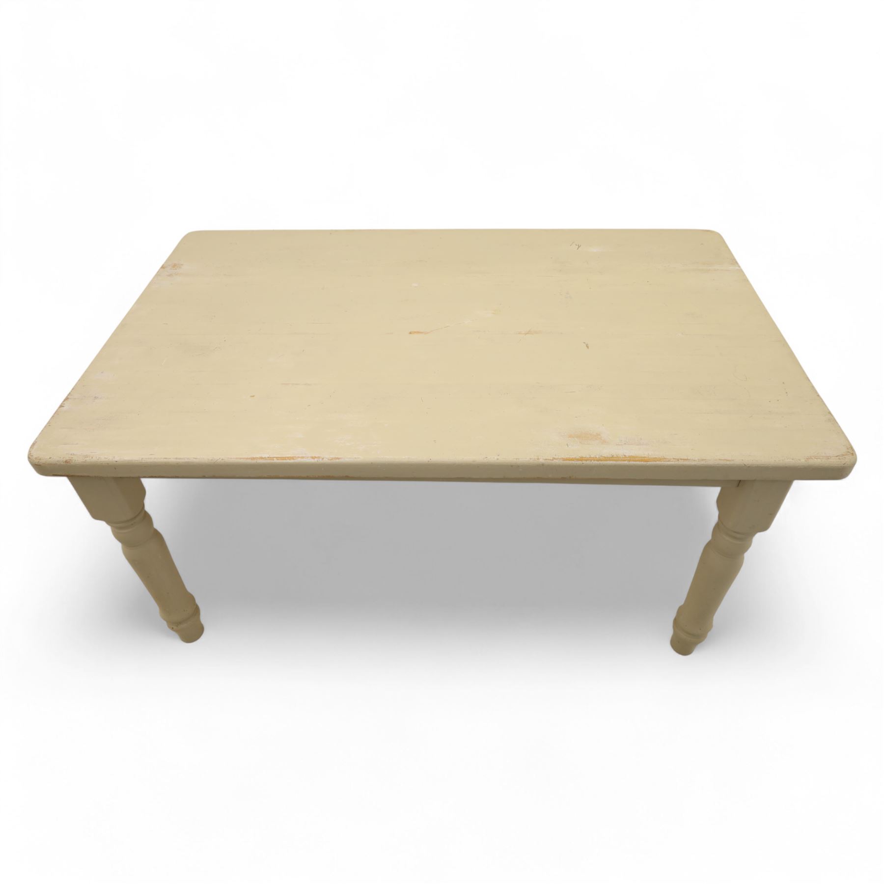 Late 20th century painted pine kitchen table, rectangular top with lightly worn painted surface, raised on four turned legs