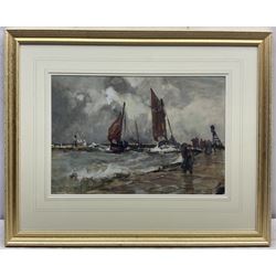 Frank Henry Mason (Staithes Group 1875-1965): Montrose Fishing Boats returning to Harbour in Heavy Weather, watercolour and gouache signed 32cm x 47cm 
Provenance: with T B & R Jordan, Fine Art Dealers, Yarm, label verso