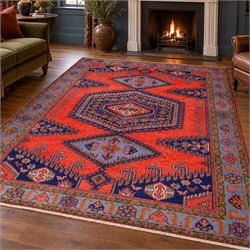 West Persian Veis hand-knotted rug, coral red field decorated with a series of bold geomet...