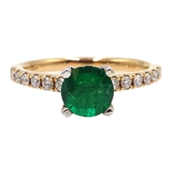  Rose gold round emerald ring with diamond set shoulders, hallmarked 18ct, emerald approx 0.9 carat  