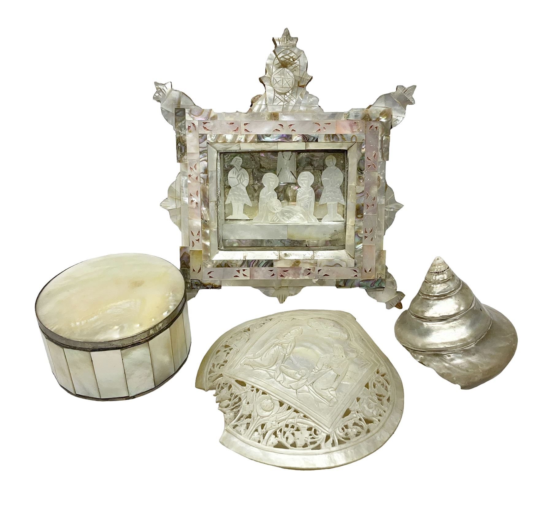 Mother of pearl nativity scene, together with mother of pearl box, shell and carved shell