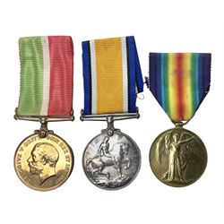 WW1 pair of medals comprising British War Medal and Victory Medal awarded to 2246 Pte. F. Lane York. R.; and WW1 Mercantile Marine Medal to James Carwell-Cooke; all with ribbons (3)