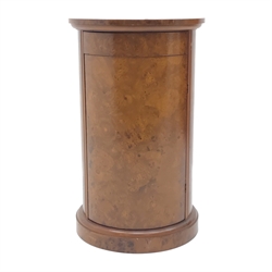  Art Deco style walnut circular pedestal lamp table, single frieze drawer above cupboard, plinth base, D45cm, H73cm  