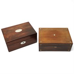 Victorian rosewood sewing box inlaid with mother of pearl W29cm and another with lift out tray and sewing accessories
