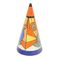 Wedgwood Bizarre by Clarice Cliff, four Conical Sugar shakers, comprising May Avenue, Trees and House, Sliced Circle and Orange Roof Cottage, all with certificates and boxes 