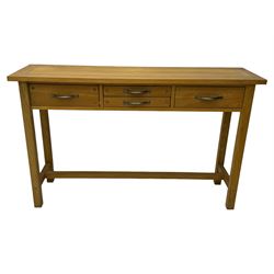 Laura Ashley - contemporary light oak console table, rectangular top over four drawers, on rectangular supports united by stretcher