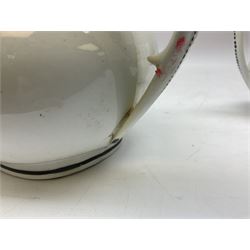 Early 19th century Staffordshire bat printed part tea service, decorated in black after Adam Buck with scenes of mother and child and other varying classical style scenes, within black bands, comprising teapot, slop bowl, jug, seven teacups and five saucers 