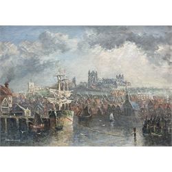 Richard Weatherill (British 1844-1913): Whitby Harbour and Abbey from Dock End, oil on canvas signed 25cm x 35cm