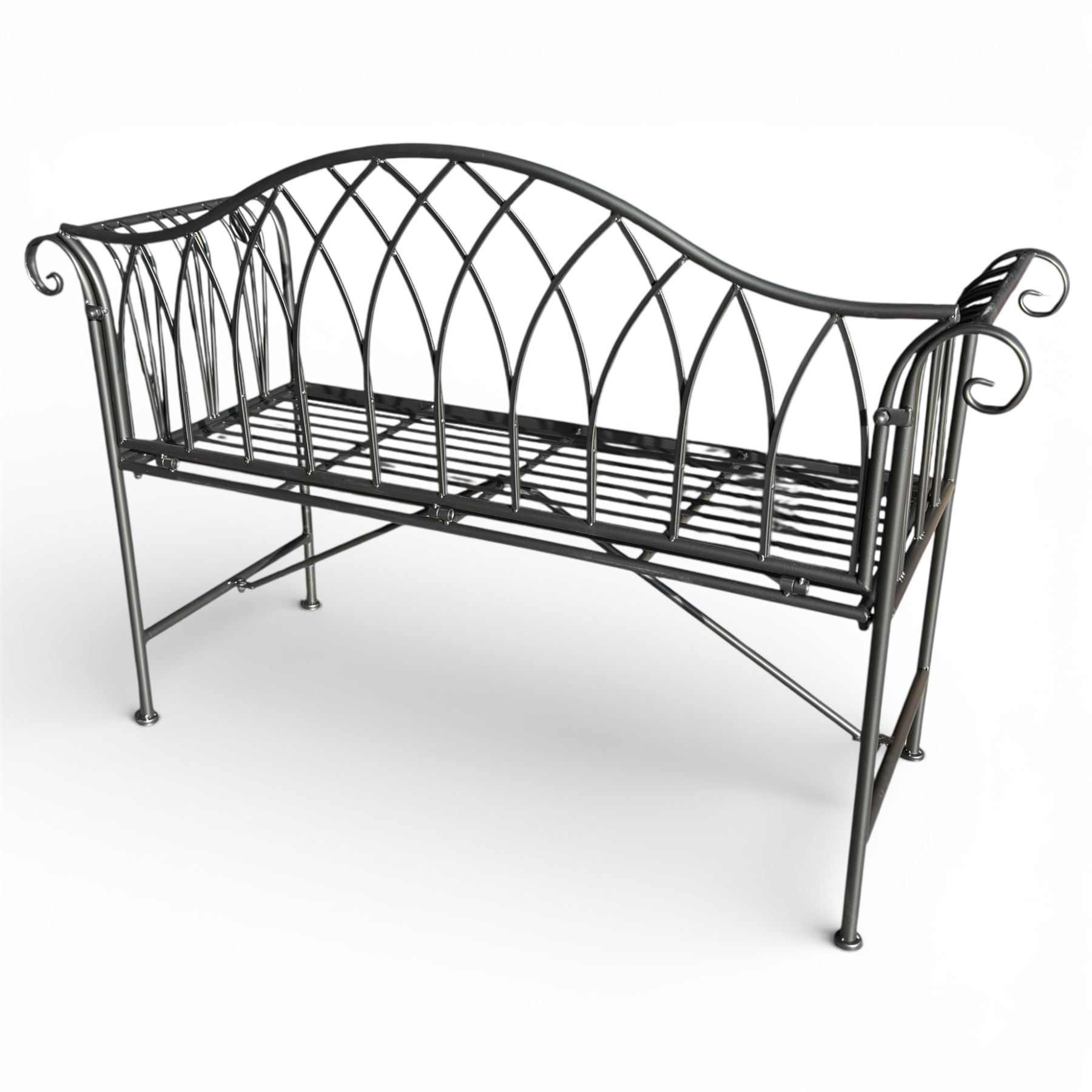 Black powder coated metal bench in a Victorian style